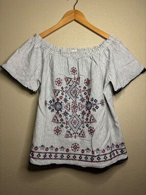 Knox Rose White Striped Off-Shoulder Tunic with Navy & Red Embroidery